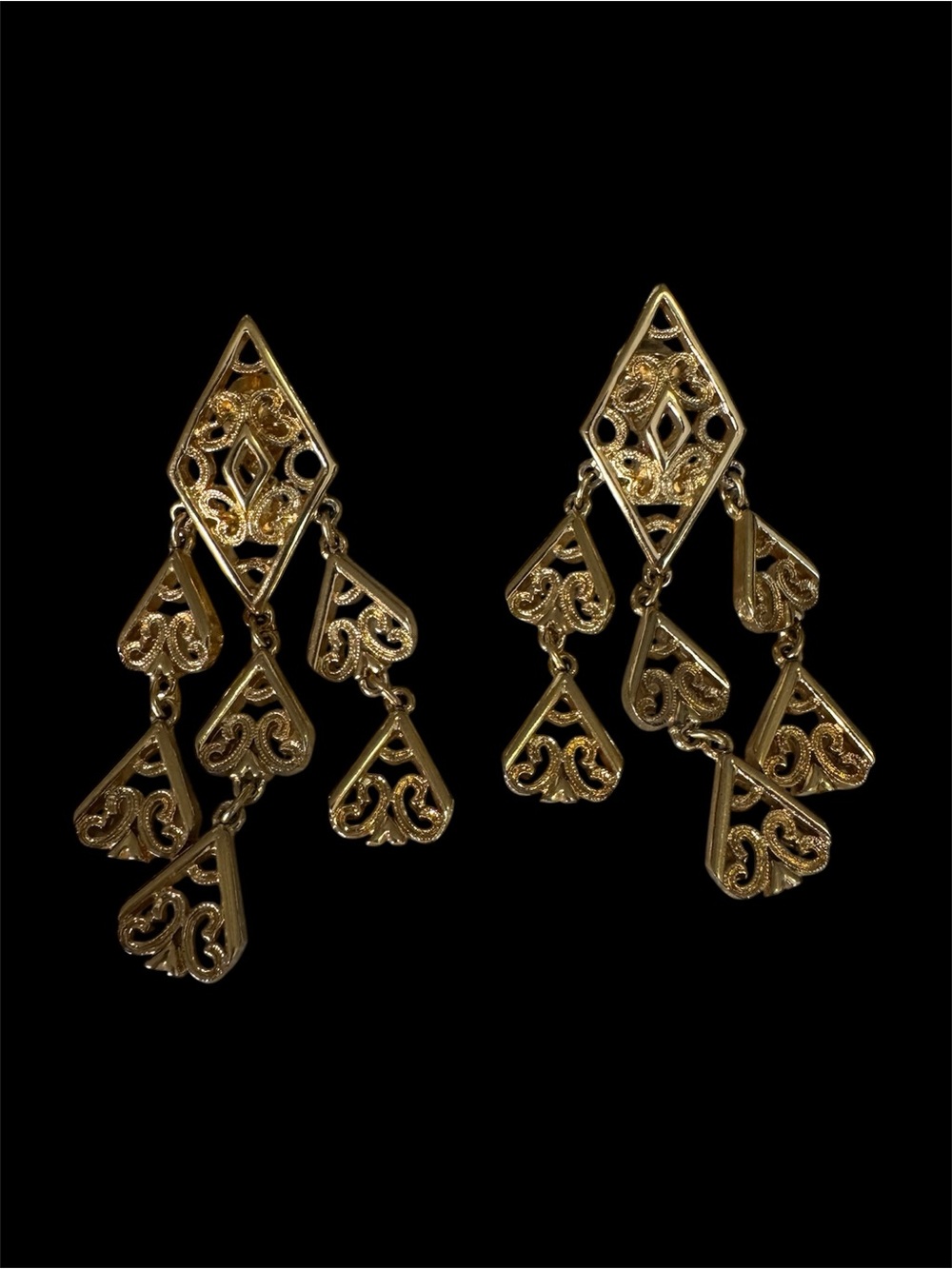 Monet Gold Tone Clip-On Heart Spade Diamond Chandelier Dangle Earrings